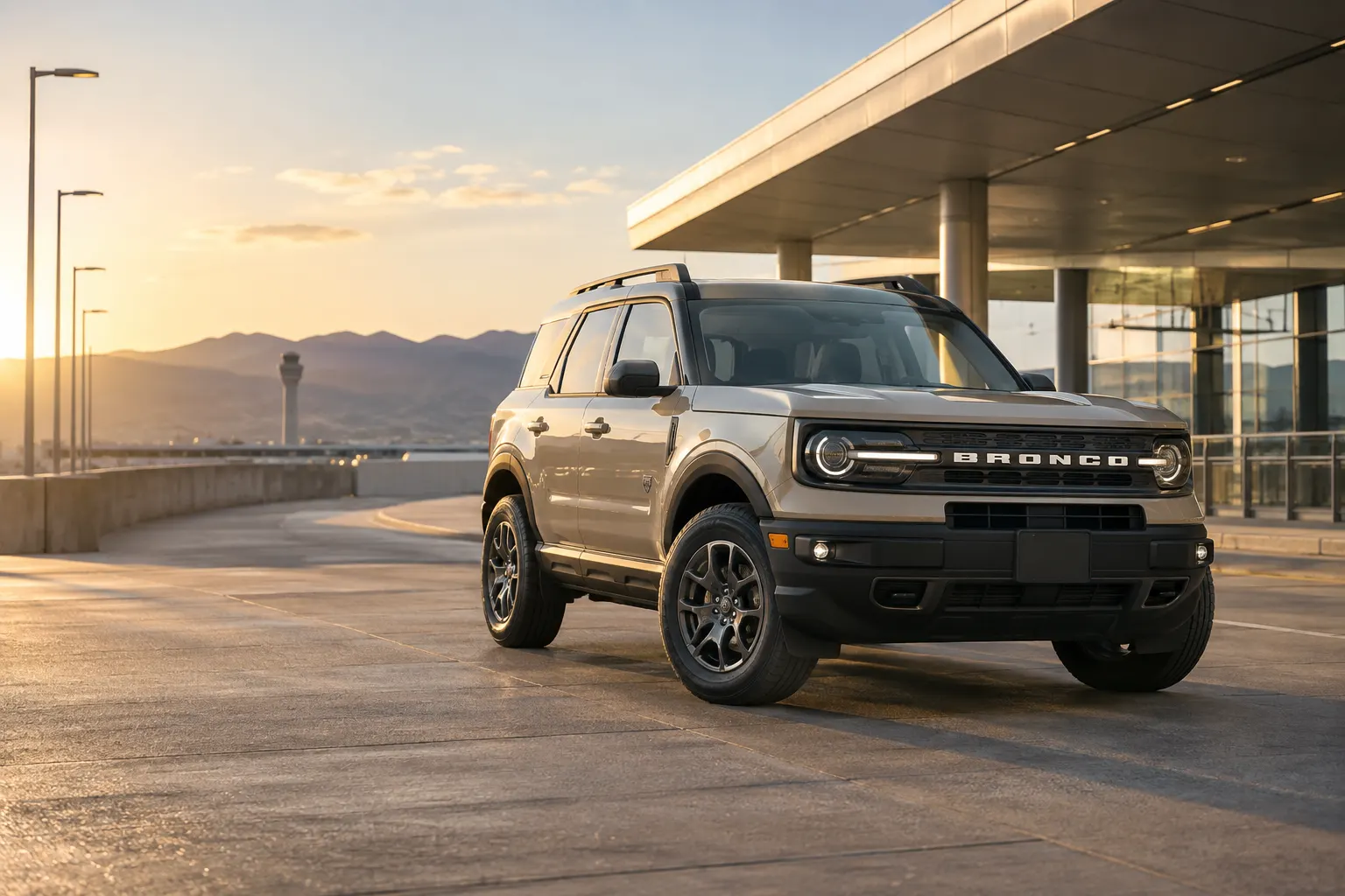 Tan 2026–2027 Ford Bronco Sport Compact SUV at an airport terminal at sunset