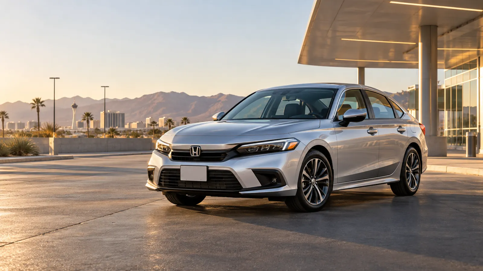 Silver 2026–2027 Honda Civic Intermediate Sedan at an airport terminal at golden hour