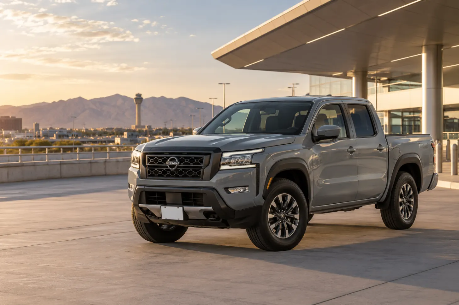 Gray 2026–2027 Nissan Frontier Midsize Pickup at an airport terminal