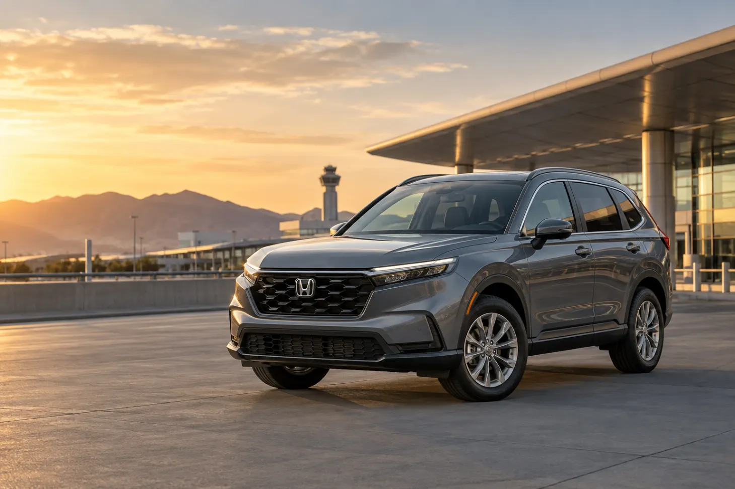 Gray 2026–2027 Honda CR-V Compact SUV at an airport terminal at golden hour