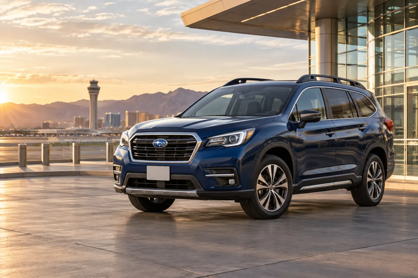 Blue 2026–2027 Subaru Ascent Midsize SUV at an airport terminal at golden hour