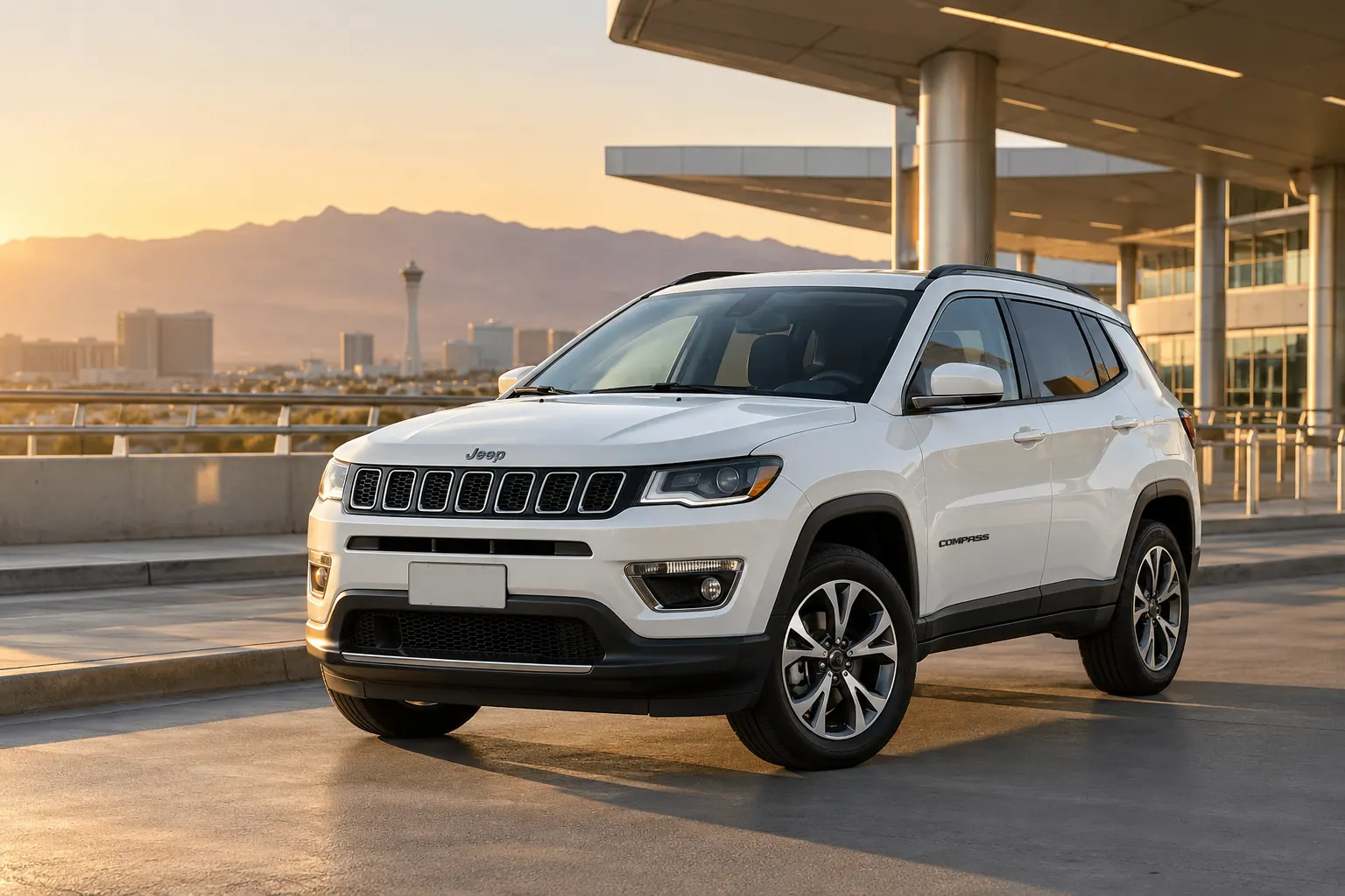 White 2026–2027 Jeep Compass mid size SUV outside an airport terminal at sunset with mountains behind
