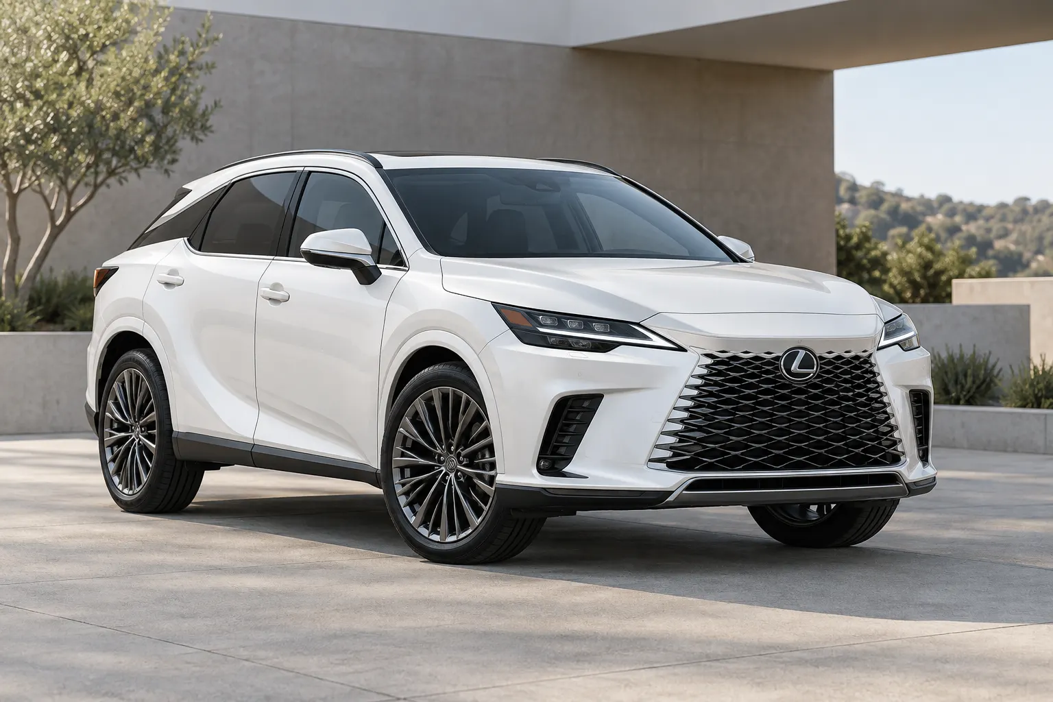 White 2026–2027 Lexus RX Luxury SUV parked outside a modern terminal building