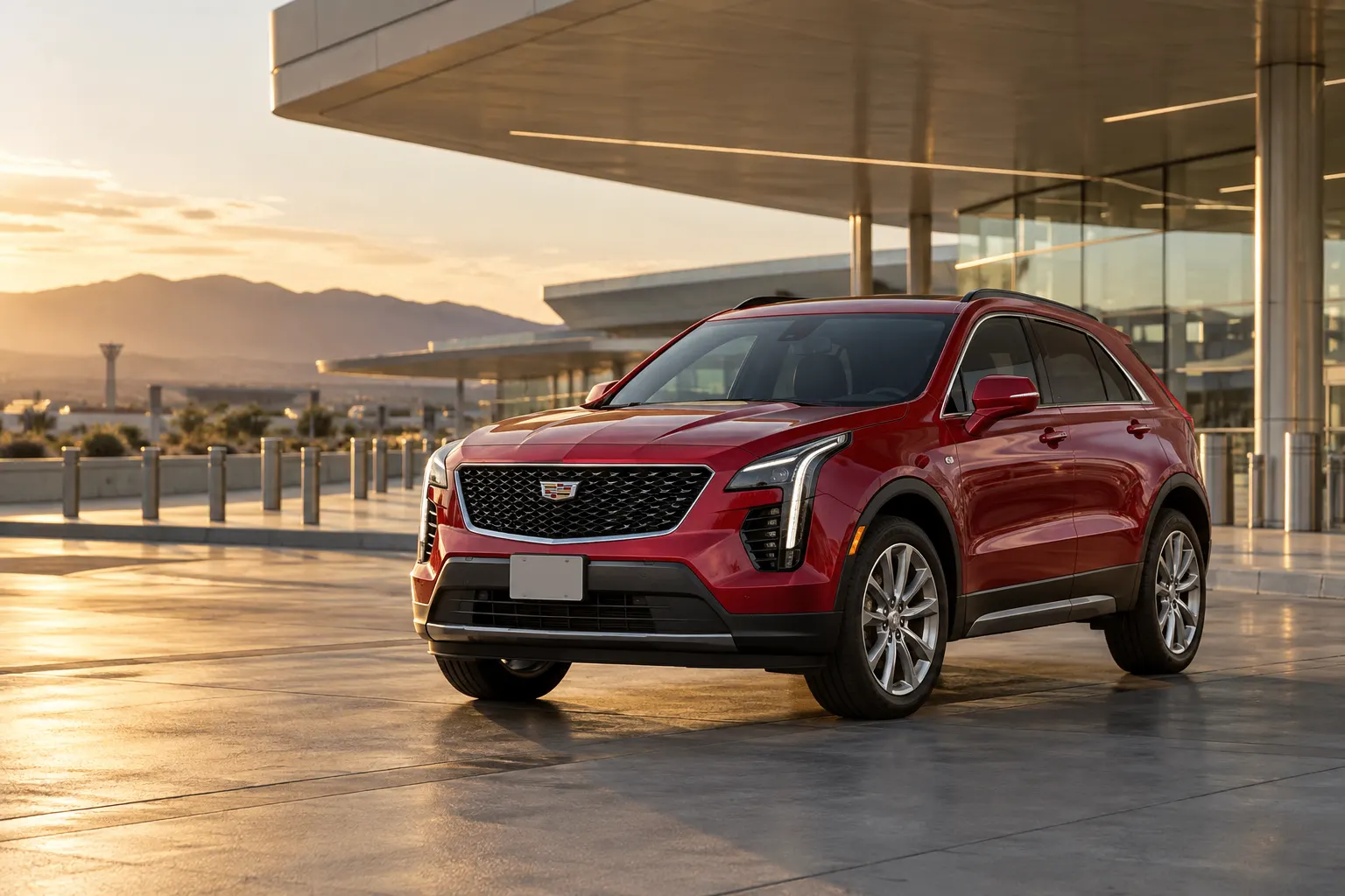Red 2026–2027 Cadillac XT4 Compact Luxury SUV at an airport terminal at golden hour with mountains and the control tower behind