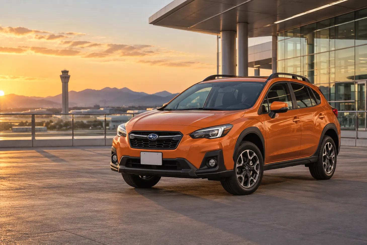 Orange 2026–2027 Subaru Crosstrek Compact SUV at an airport terminal at golden hour
