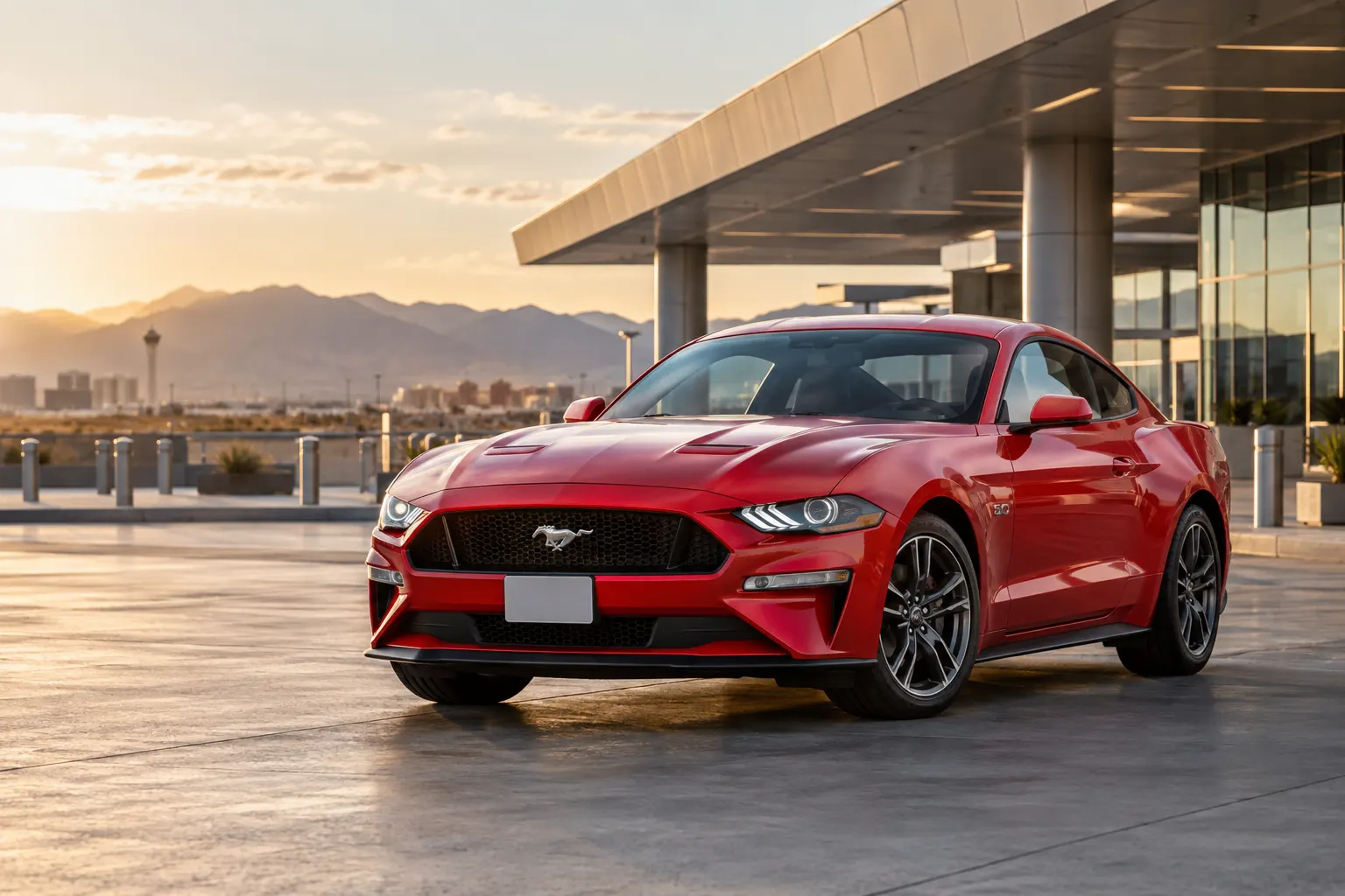 Red 2026–2027 Ford Mustang V8 American Muscle coupe outside an airport terminal at golden hour