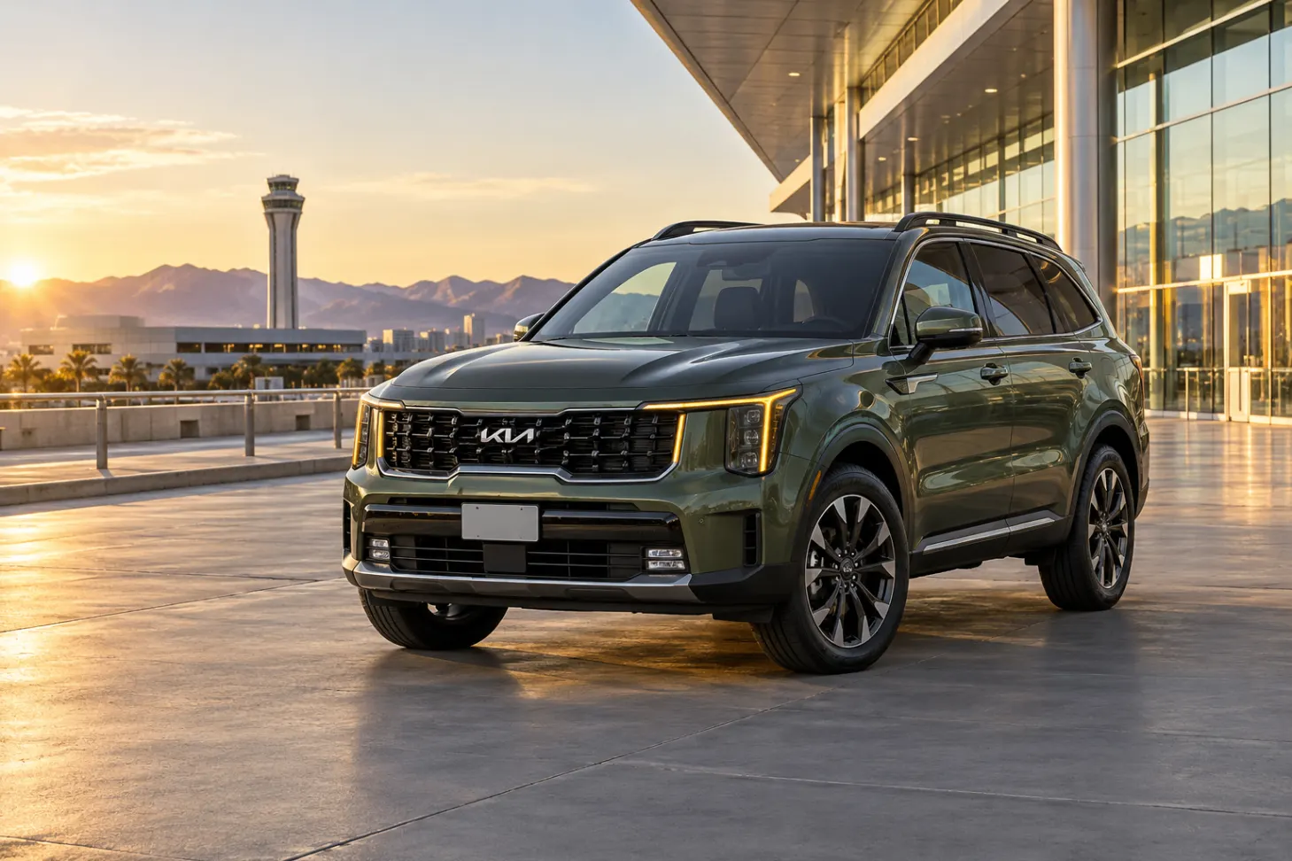 Green 2026–2027 Kia Sorento Midsize SUV at an airport terminal at golden hour