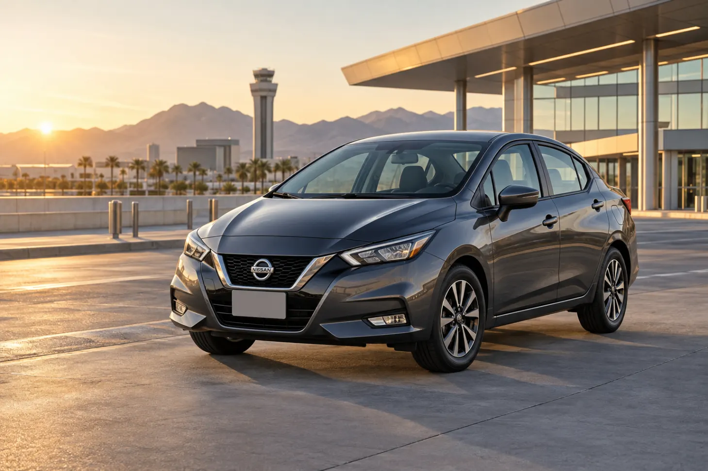 Gray 2026–2027 Nissan Versa Economy Sedan at an airport terminal