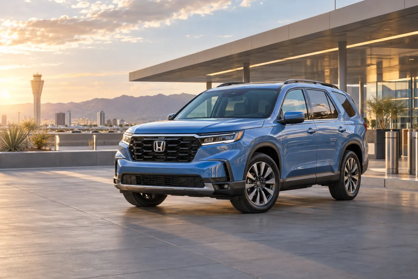 Blue 2026–2027 Honda Pilot Midsize SUV at an airport terminal at golden hour