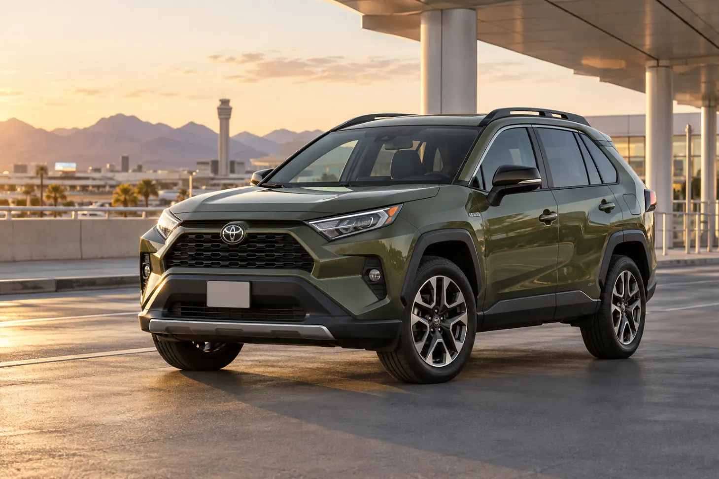 Green 2026–2027 Toyota RAV4 Compact SUV at an airport terminal at golden hour with the control tower and mountains behind