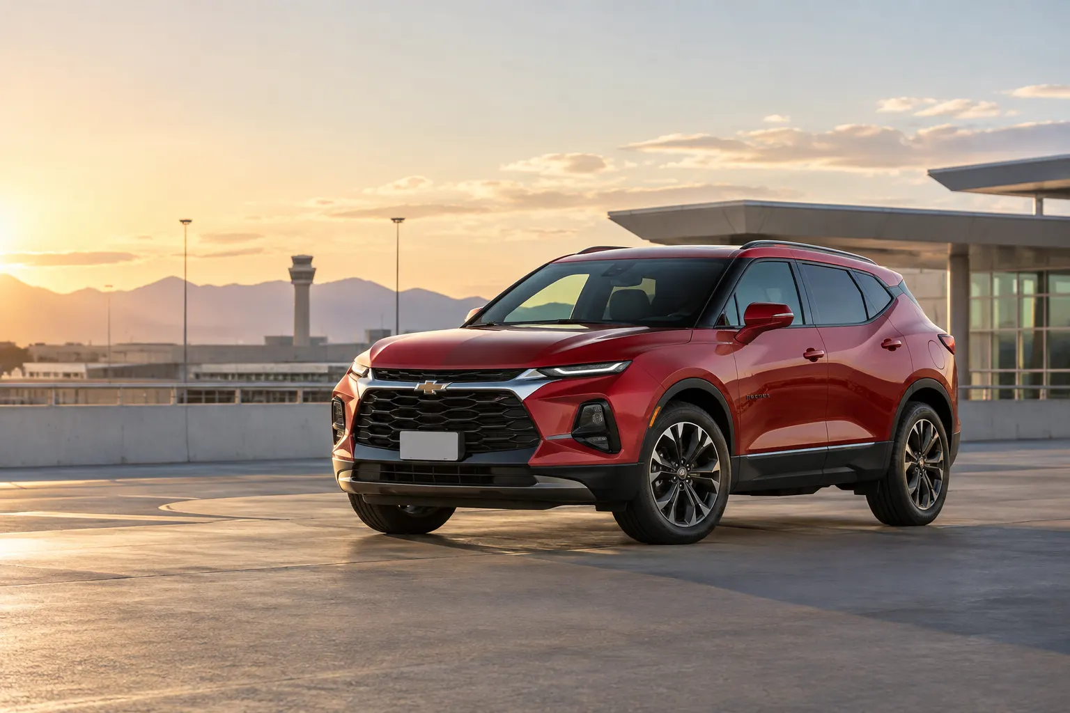 Red 2026–2027 Chevrolet Blazer Standard SUV at an airport rental center