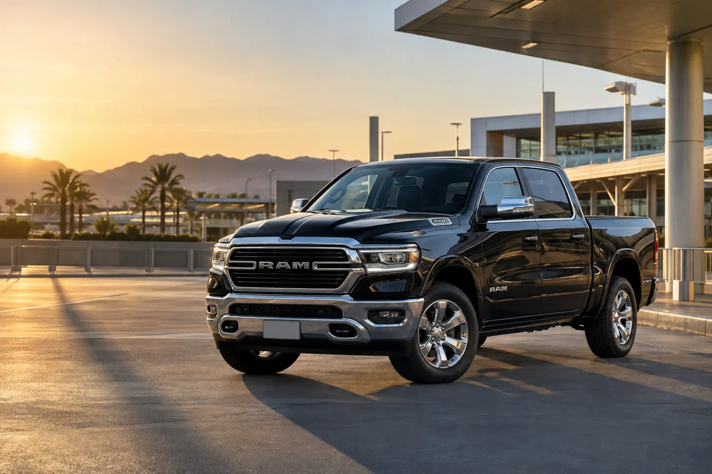 Black 2026–2027 Ram 1500 Full-size Pickup at an airport terminal at sunrise with the city skyline and mountains behind