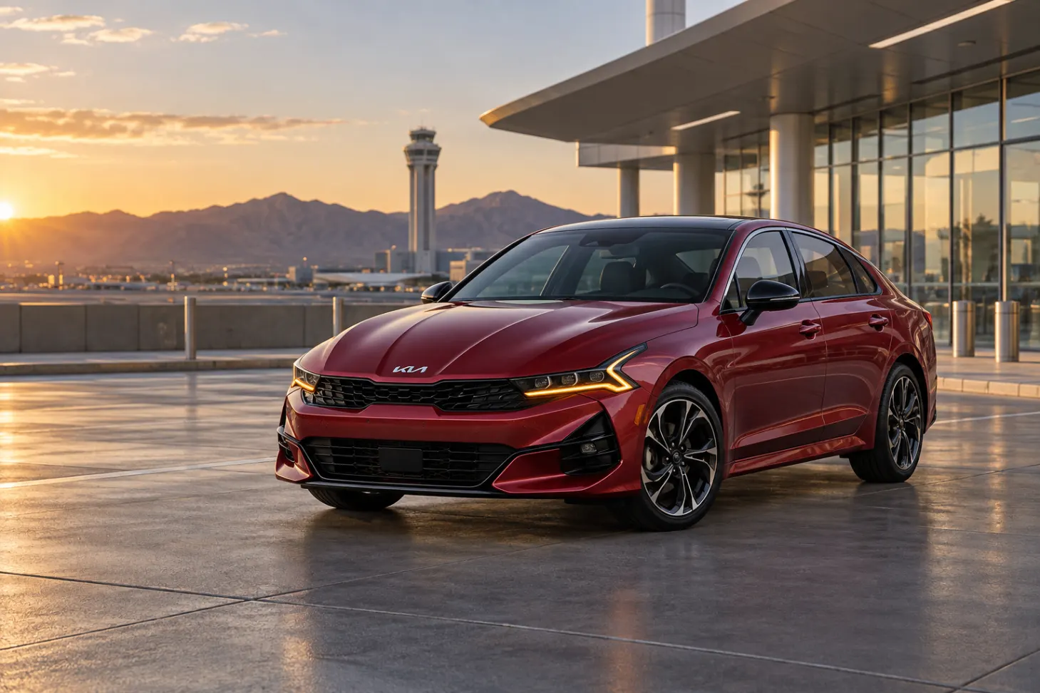 Red 2026–2027 Kia K5 Midsize Sedan at an airport terminal at golden hour