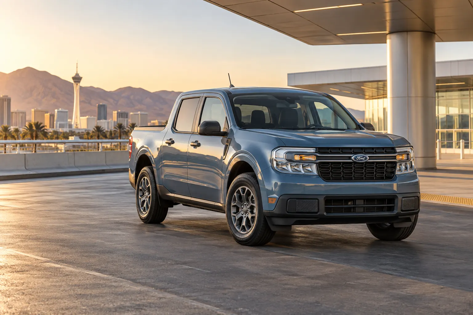 Blue-gray 2026–2027 Ford Maverick Small Pick Up Truck outside an airport terminal at sunset