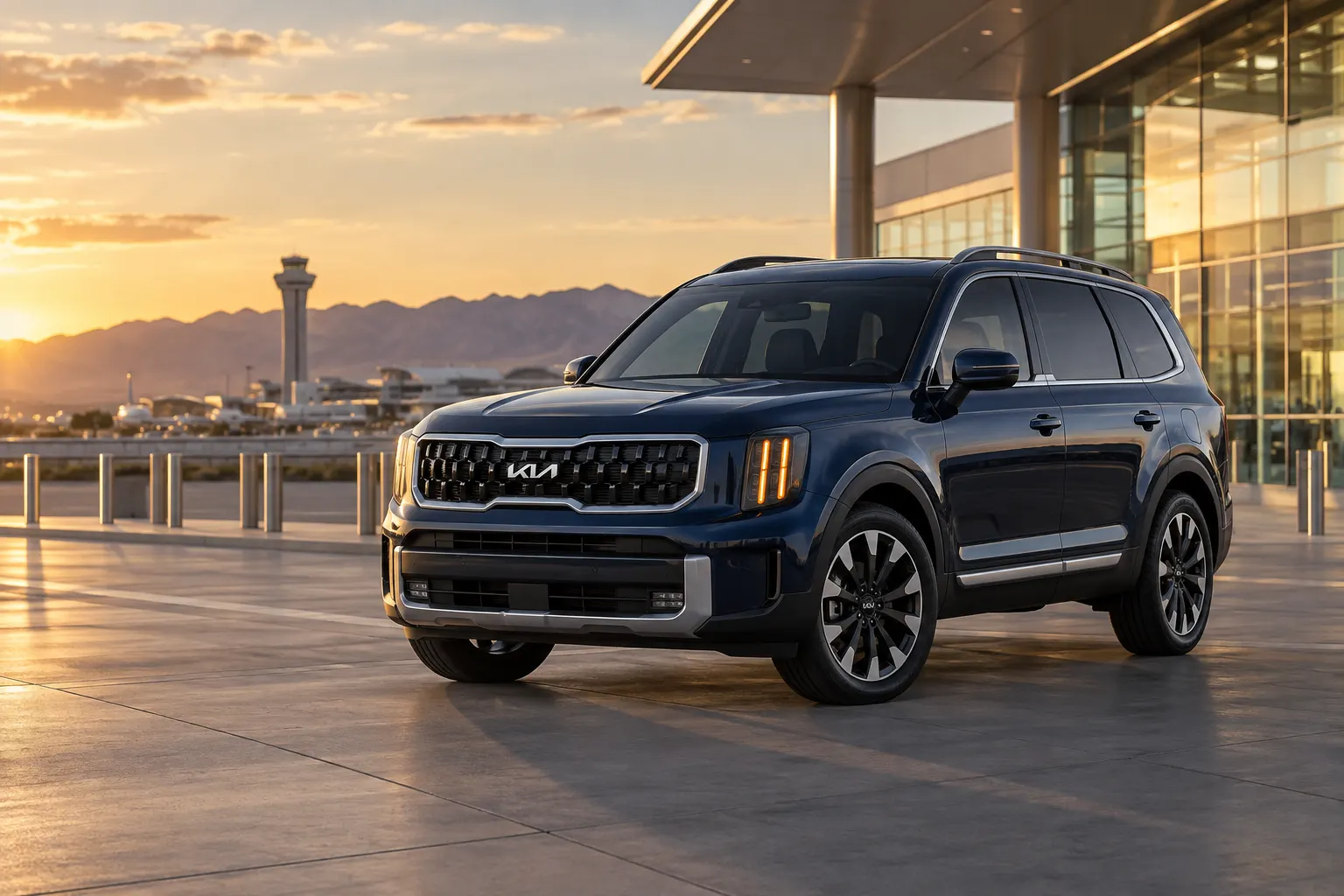 Dark-blue 2026–2027 Kia Telluride Premium Crossover SUV at an airport terminal at golden hour