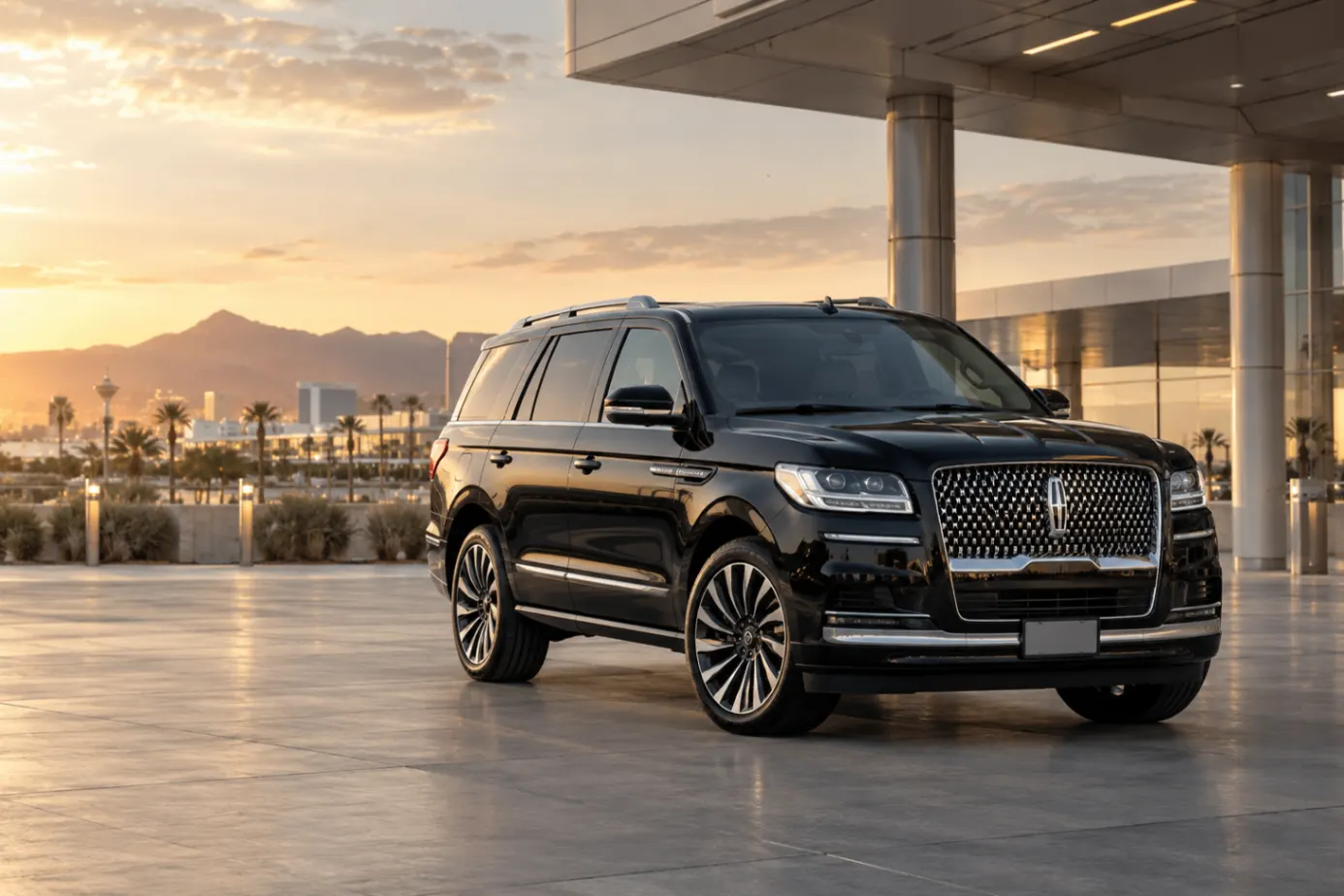 Black 2026–2027 Lincoln Navigator Full-size Luxury SUV at an airport terminal at sunset with the city skyline and mountains behind
