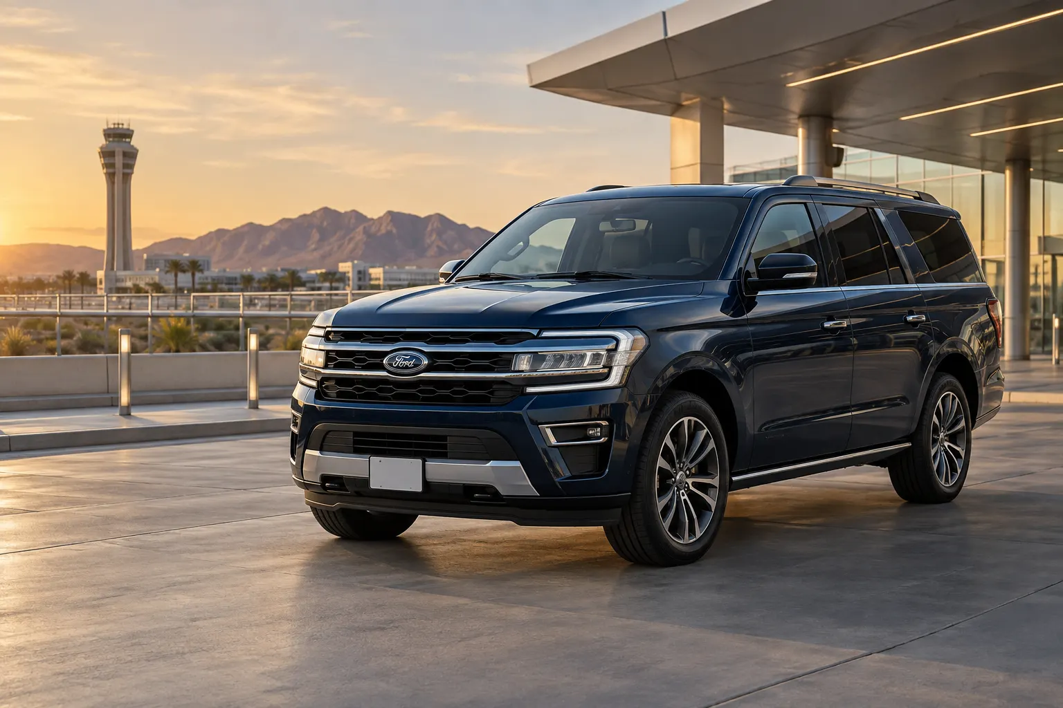 Dark blue 2026–2027 Ford Expedition Full Size SUV outside an airport terminal at sunset