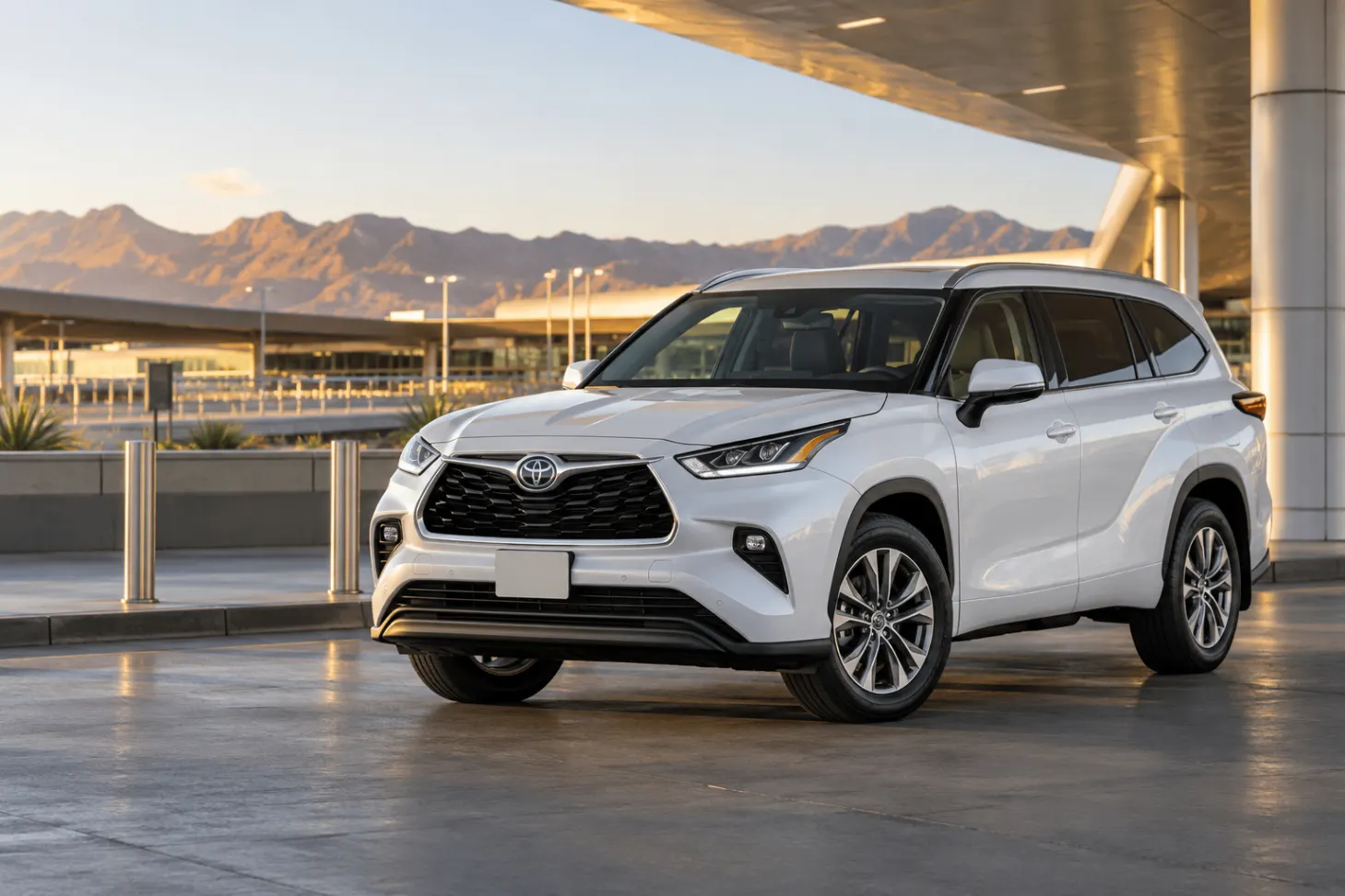 White 2026–2027 Toyota Highlander Midsize SUV at an airport terminal at golden hour with mountains behind