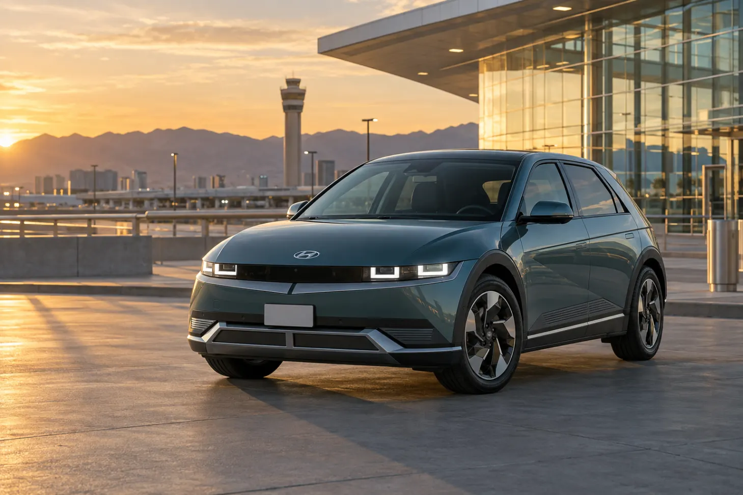 Teal 2026–2027 Hyundai Ioniq 5 Electric Crossover SUV at an airport terminal at golden hour