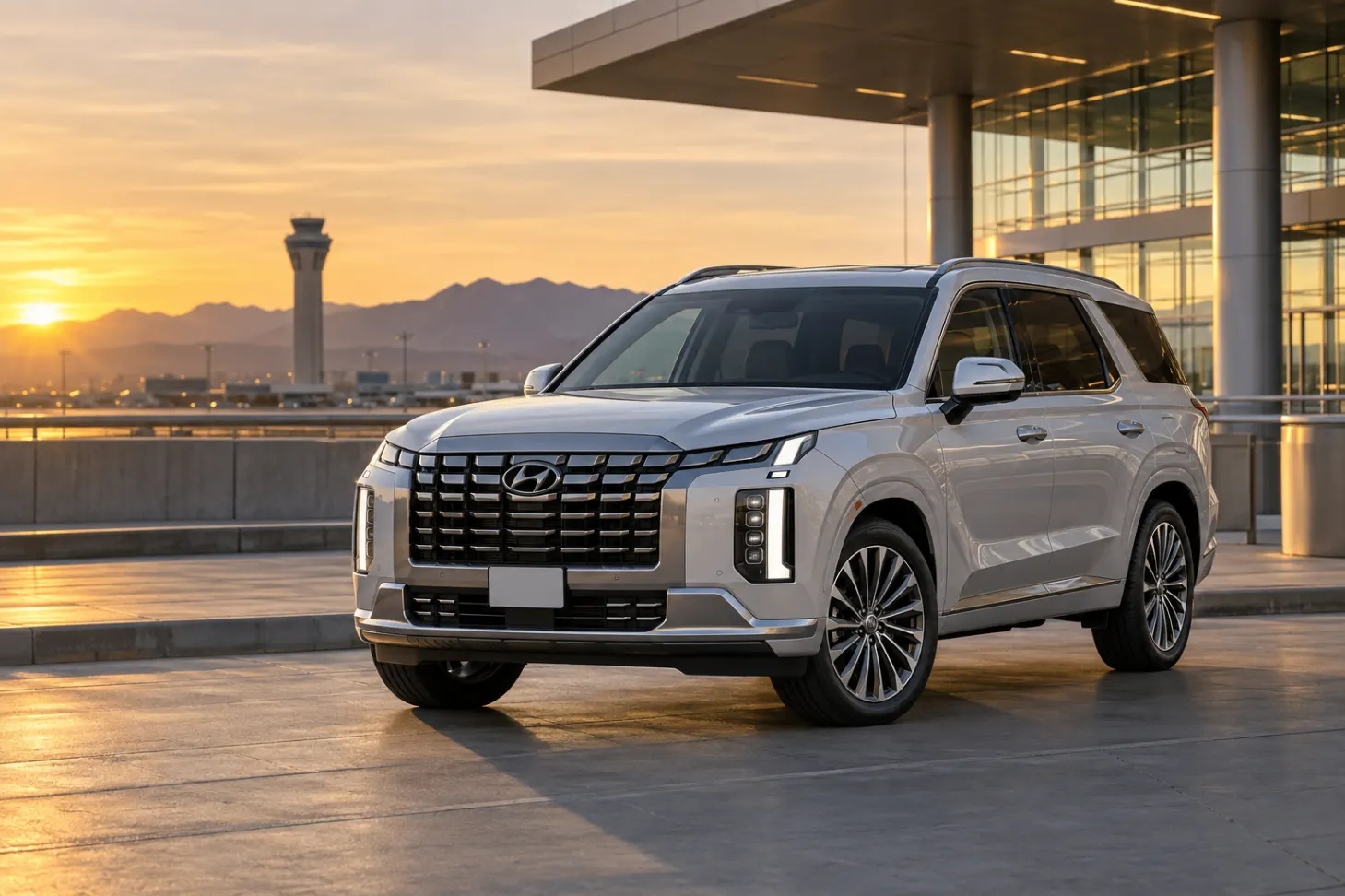 Silver 2026–2027 Hyundai Palisade Premium Crossover SUV at an airport terminal at golden hour