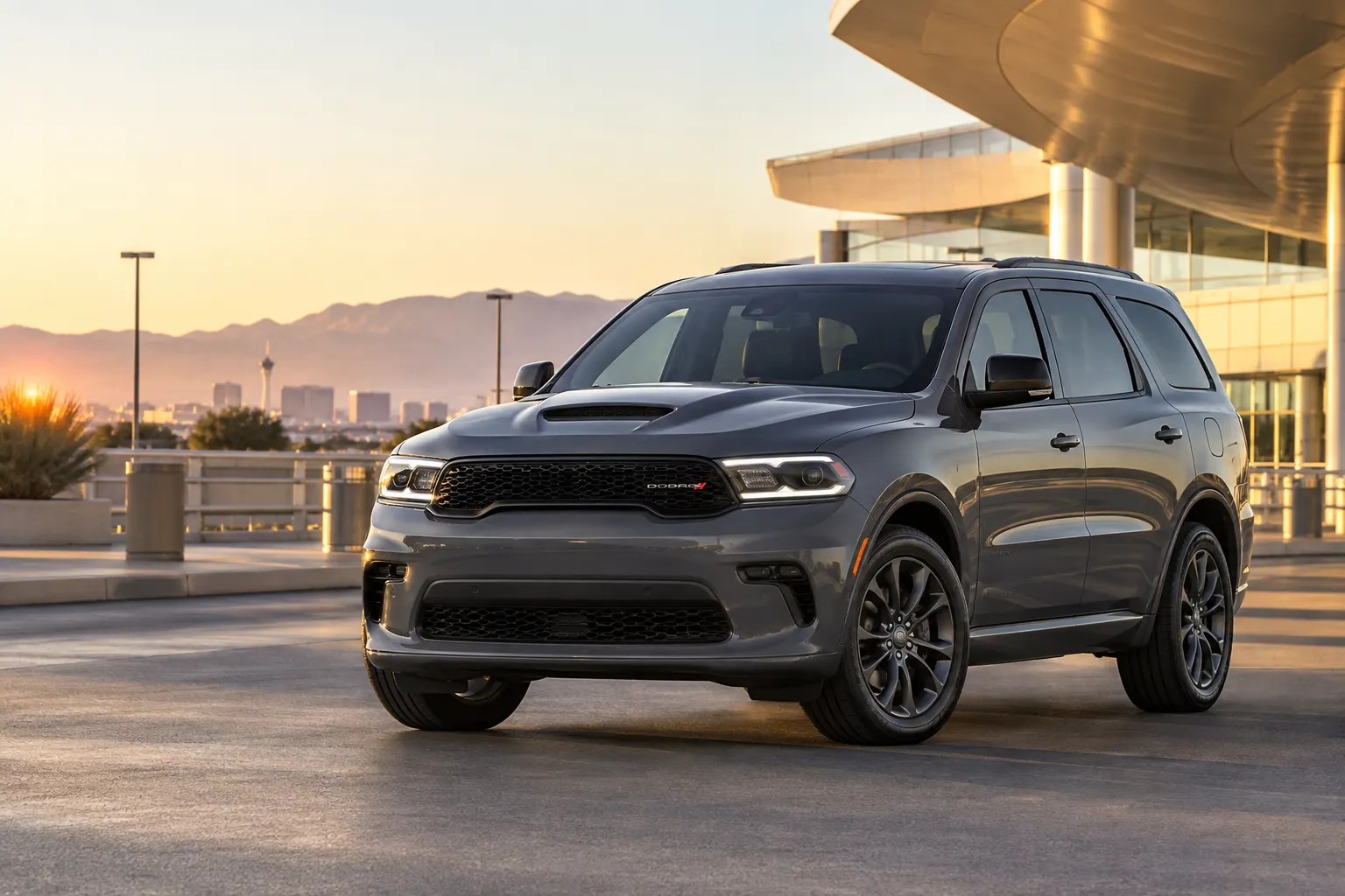 Gray 2026–2027 Dodge Durango Midsize SUV at an airport terminal at sunset with the city skyline and mountains behind