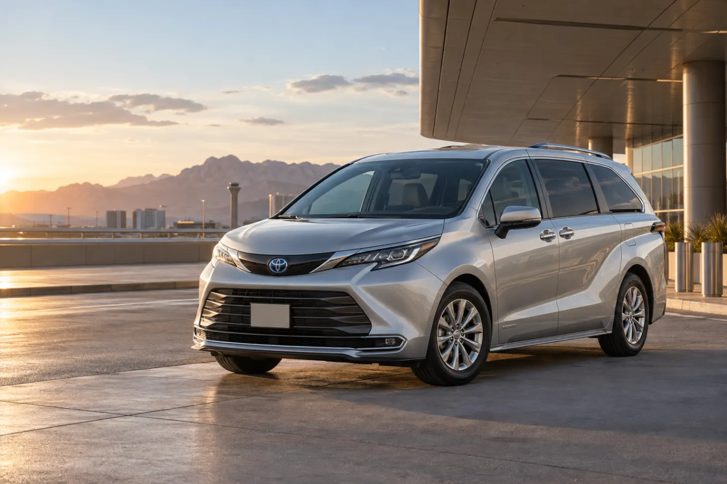 Silver 2026–2027 Toyota Sienna Minivan at an airport terminal at golden hour with the control tower and mountains behind