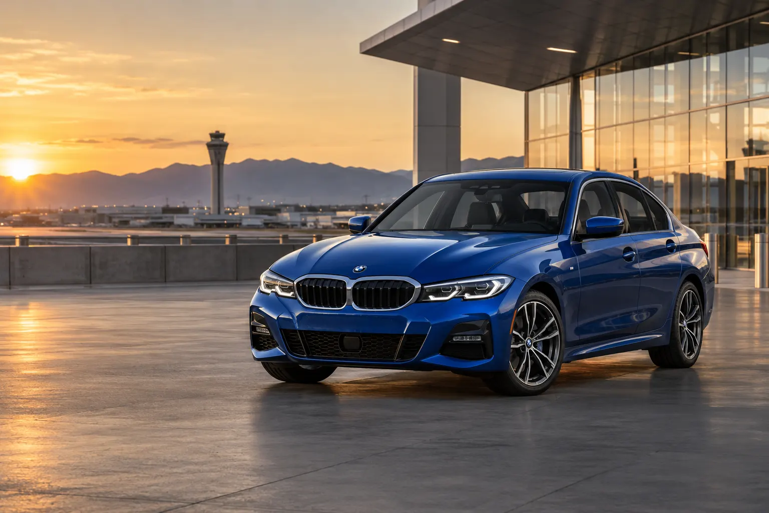 Blue 2026–2027 BMW 3 Series Luxury Sedan at an airport terminal at golden hour