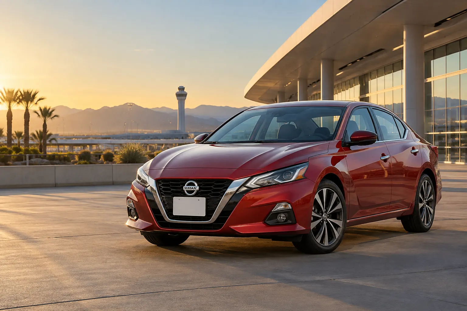 Red 2026–2027 Nissan Altima Midsize Sedan at an airport terminal