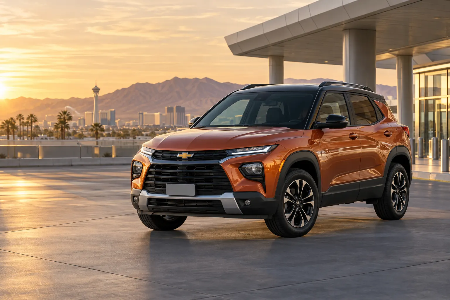 Orange 2026–2027 Chevrolet Trailblazer Compact SUV at an airport rental center in Las Vegas at golden hour