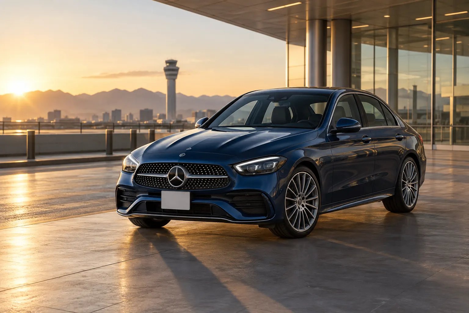 Blue 2026–2027 Mercedes-Benz C-Class Luxury Sedan at an airport terminal at golden hour