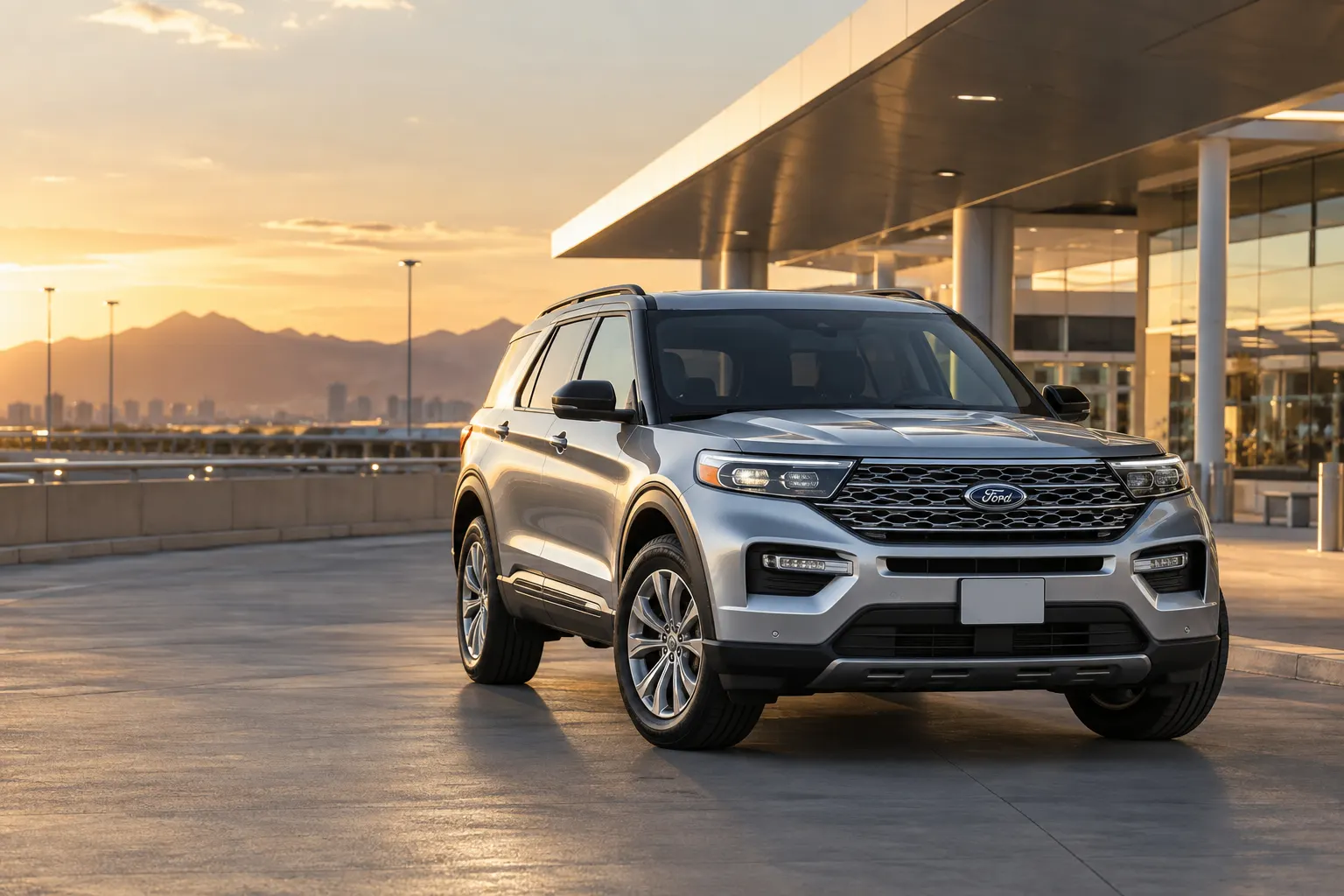 Silver 2026–2027 Ford Explorer Standard Crossover SUV outside an airport terminal at sunset