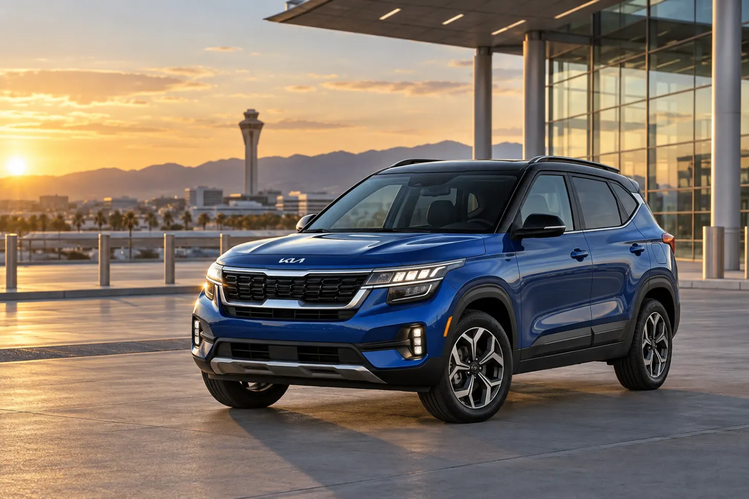 Blue 2026–2027 Kia Seltos Compact SUV at an airport terminal at golden hour
