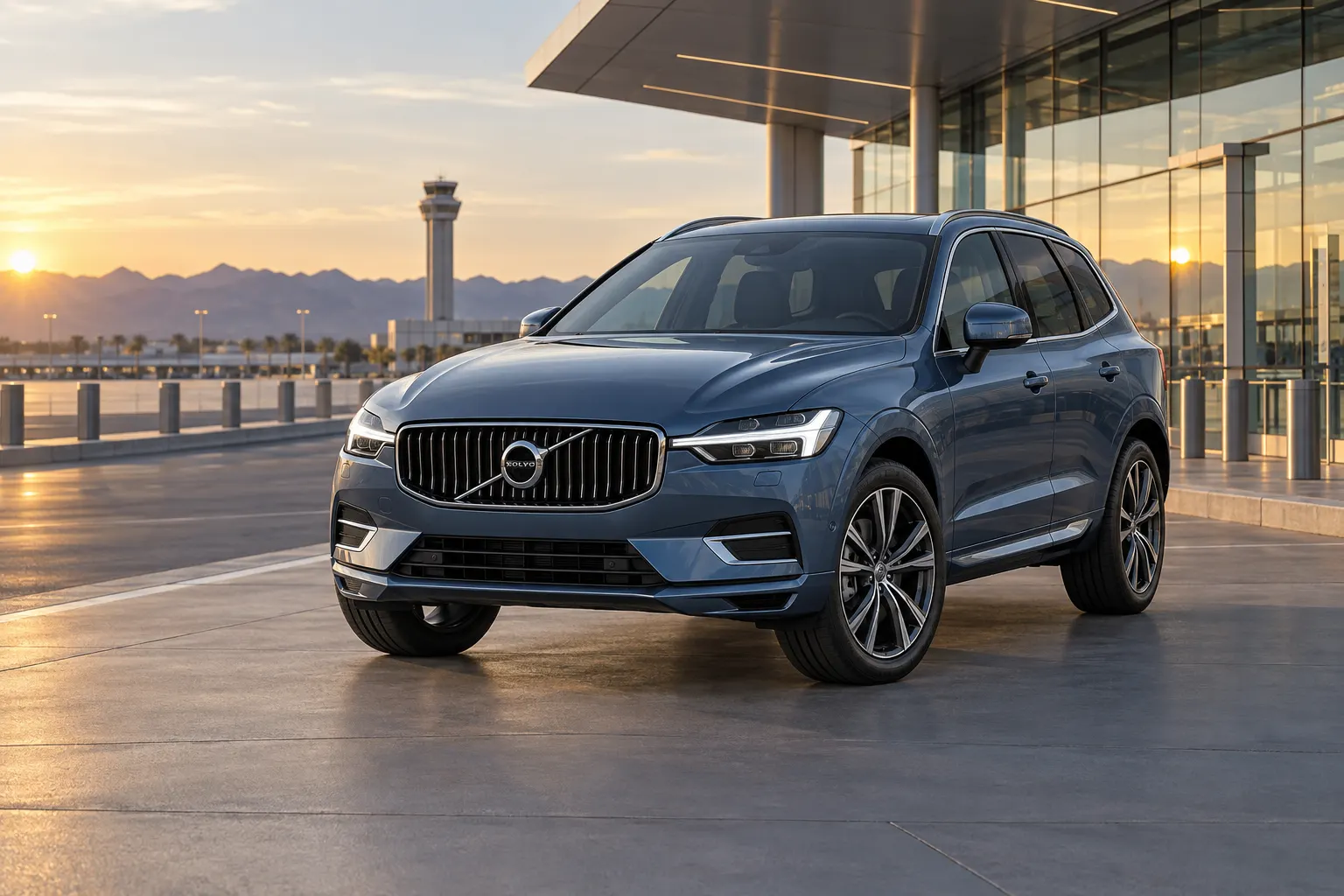 Blue-grey 2026–2027 Volvo XC60 Luxury SUV at an airport terminal at golden hour