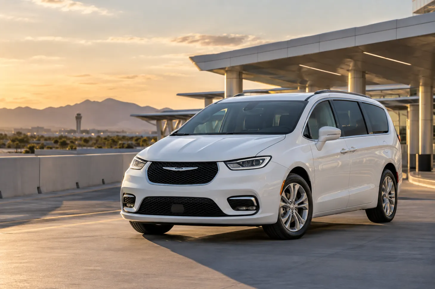 White 2026–2027 Chrysler Pacifica Minivan at an airport terminal at golden hour with the control tower and mountains behind