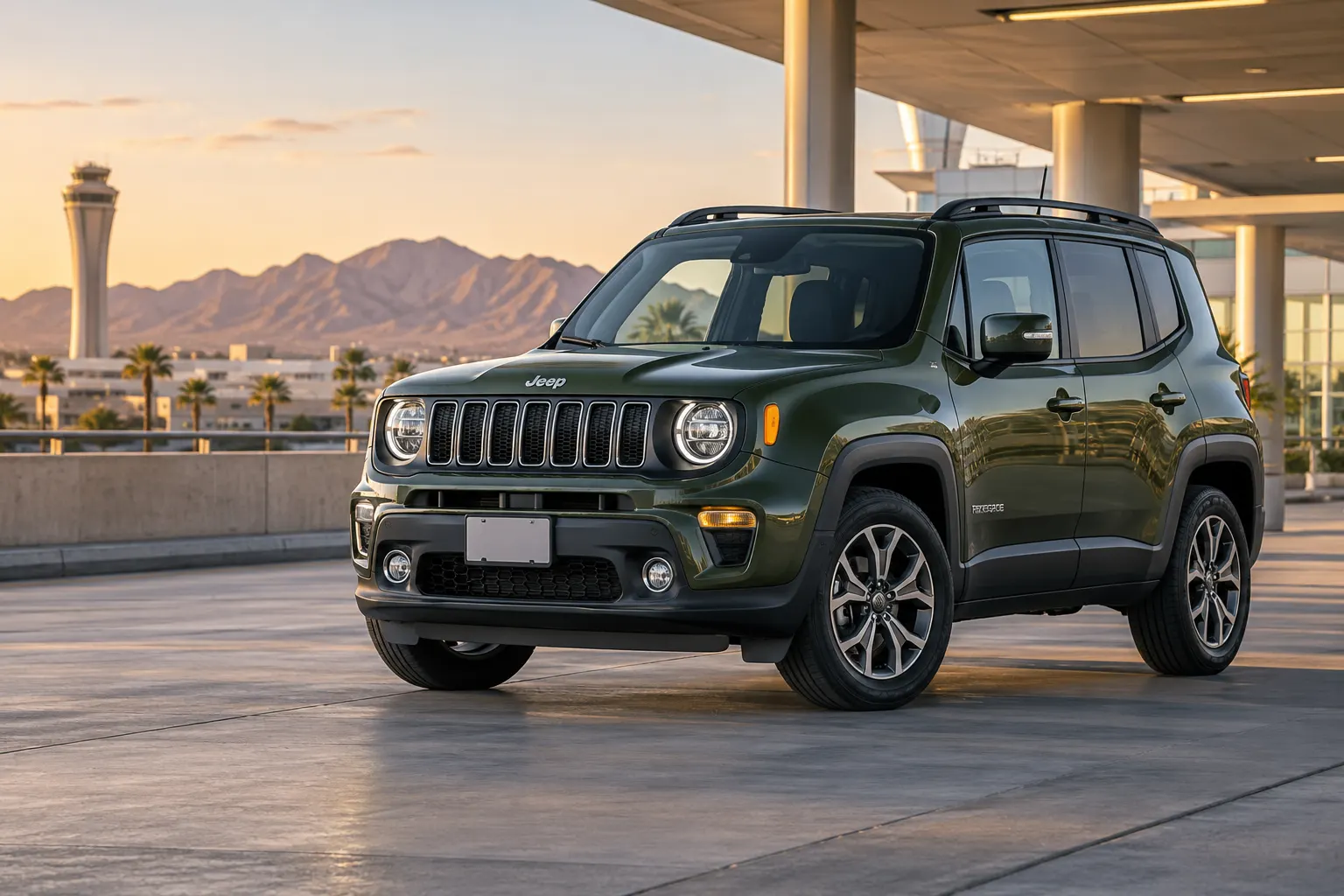 Green 2026–2027 Jeep Renegade compact SUV outside an airport rental pickup area at golden hour with the control tower and mountains behind