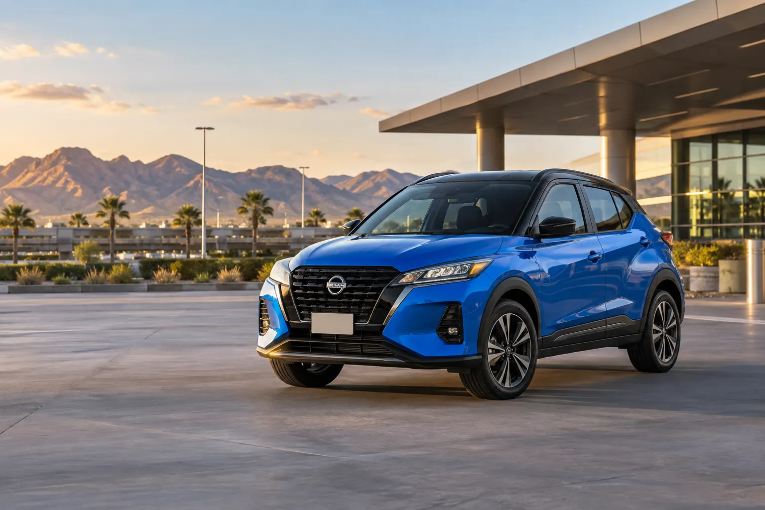 Blue 2026–2027 Nissan Kicks Subcompact SUV at an airport terminal