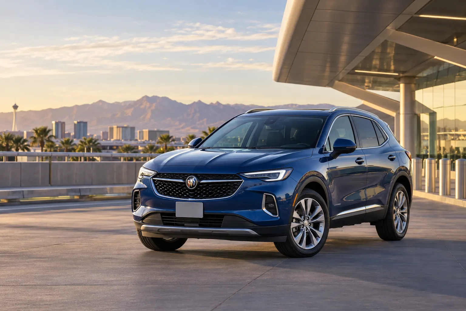Blue 2026–2027 Buick Envision Compact SUV at an airport terminal at golden hour with the city skyline and mountains behind