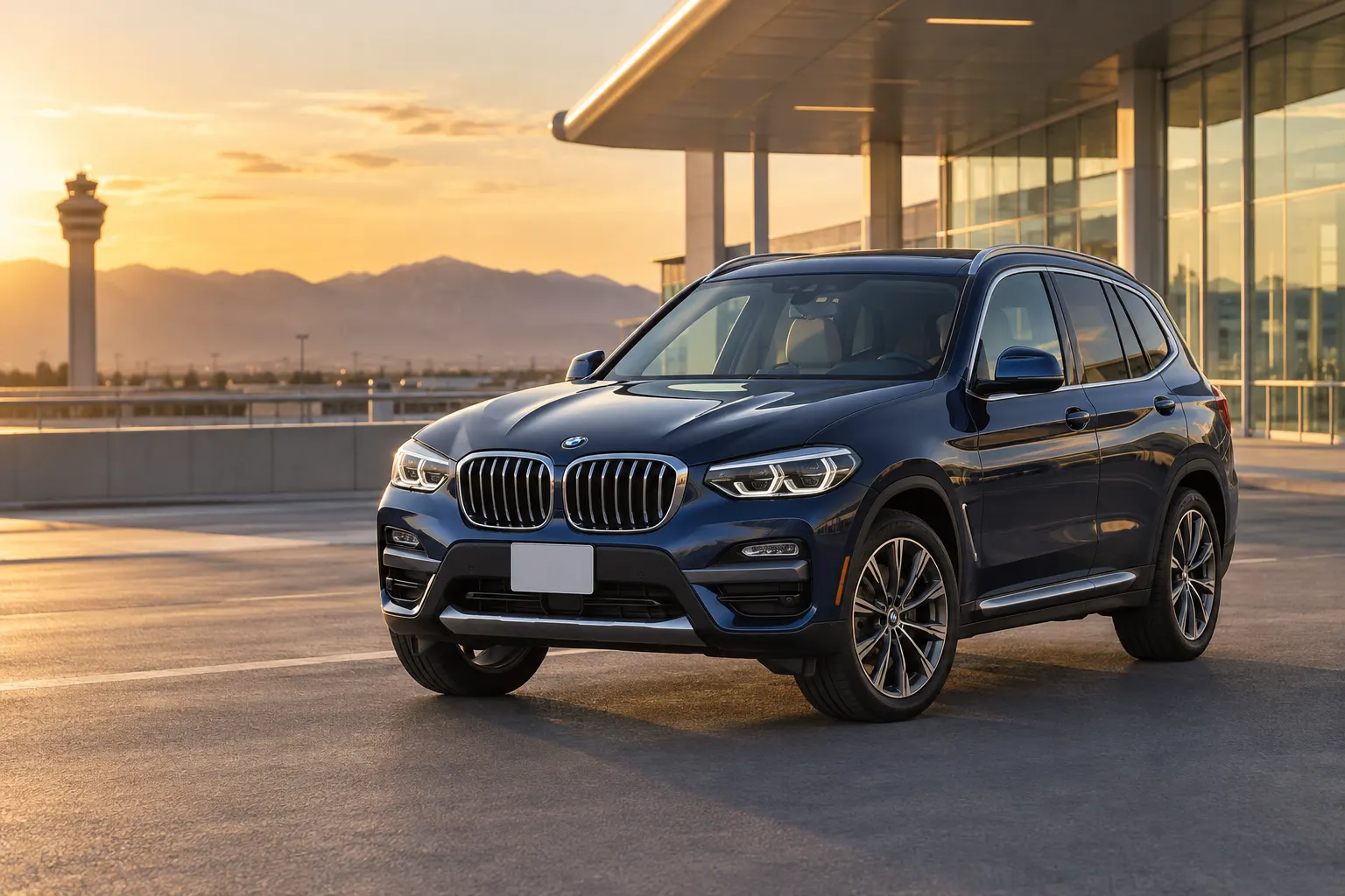 Navy 2026–2027 BMW X3 Luxury SUV at an airport terminal at golden hour