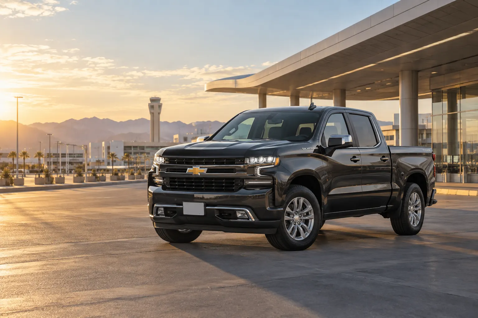 Black 2026–2027 Chevrolet Silverado 1500 Large Pick Up Truck at an airport rental center