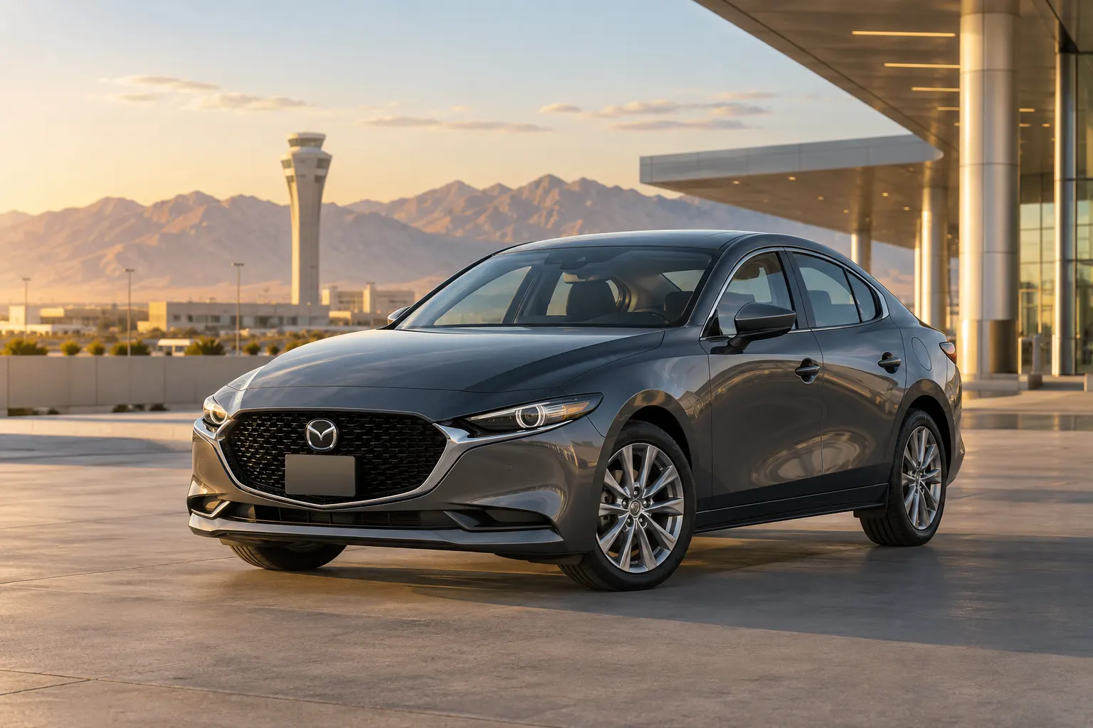 Gray 2026–2027 Mazda3 Compact Sedan at an airport terminal at golden hour