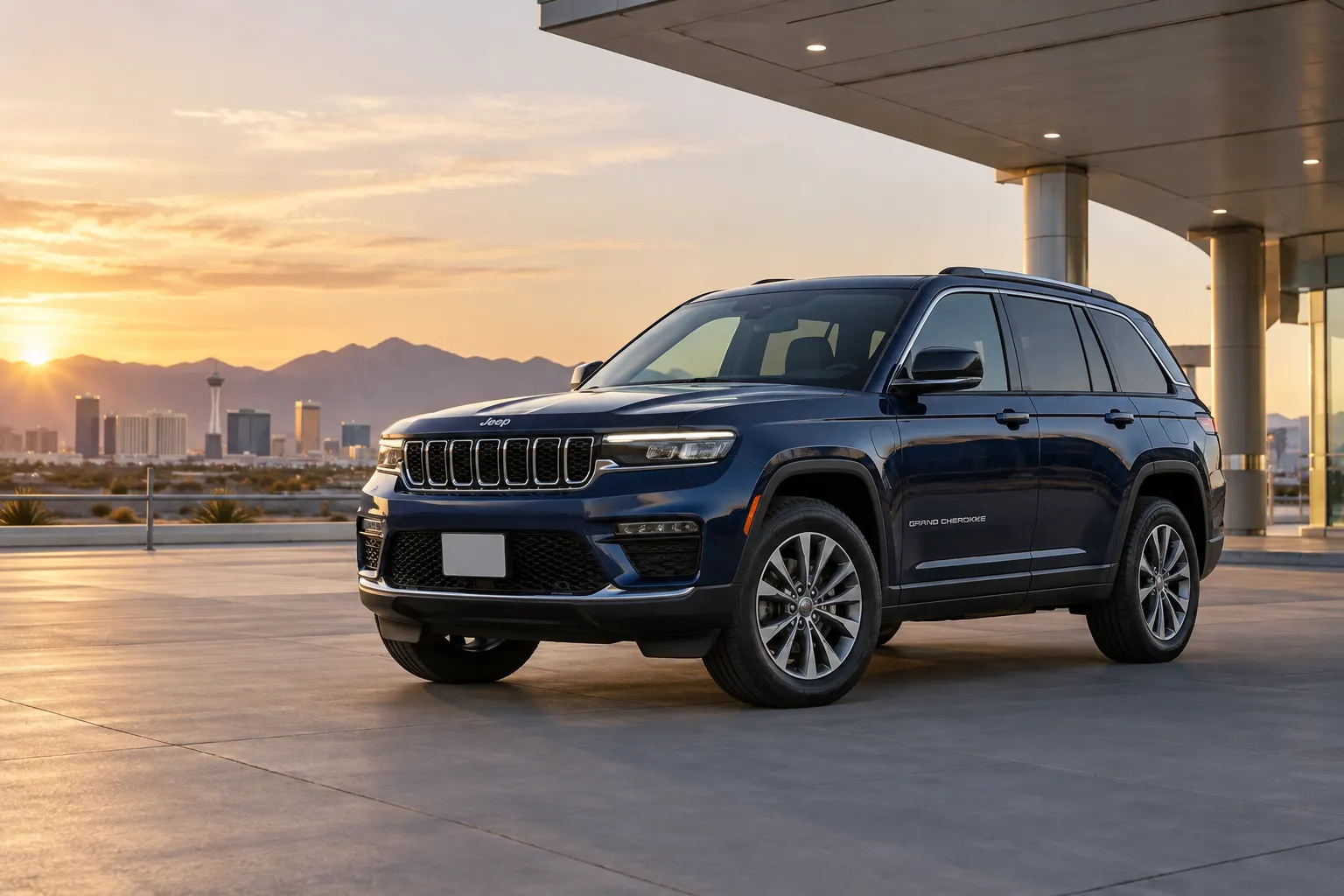 Blue 2026–2027 Jeep Grand Cherokee standard SUV outside an airport terminal at sunset with the Las Vegas skyline behind