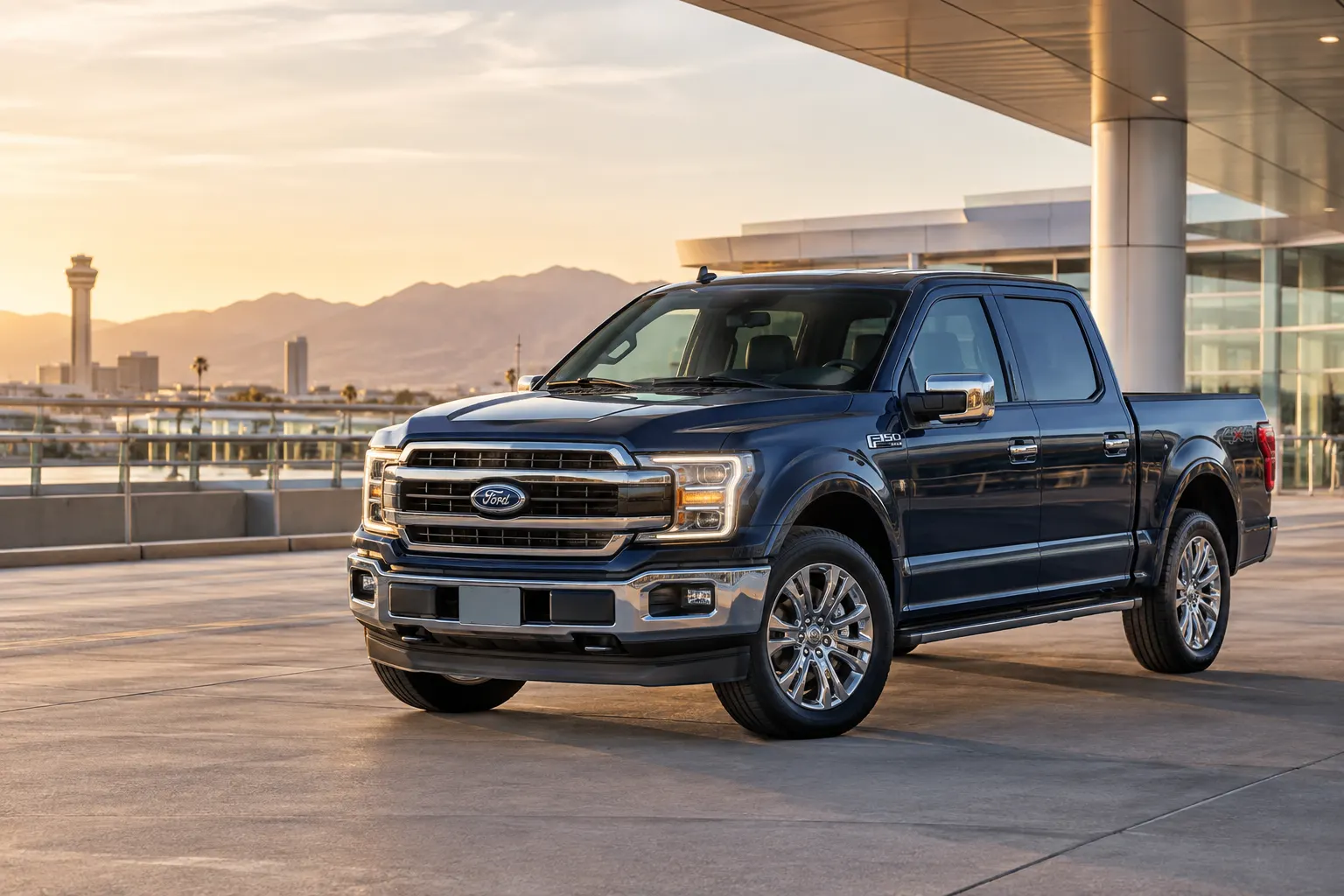 Dark blue 2026–2027 Ford F-150 Large Pick Up Truck outside an airport terminal at sunset