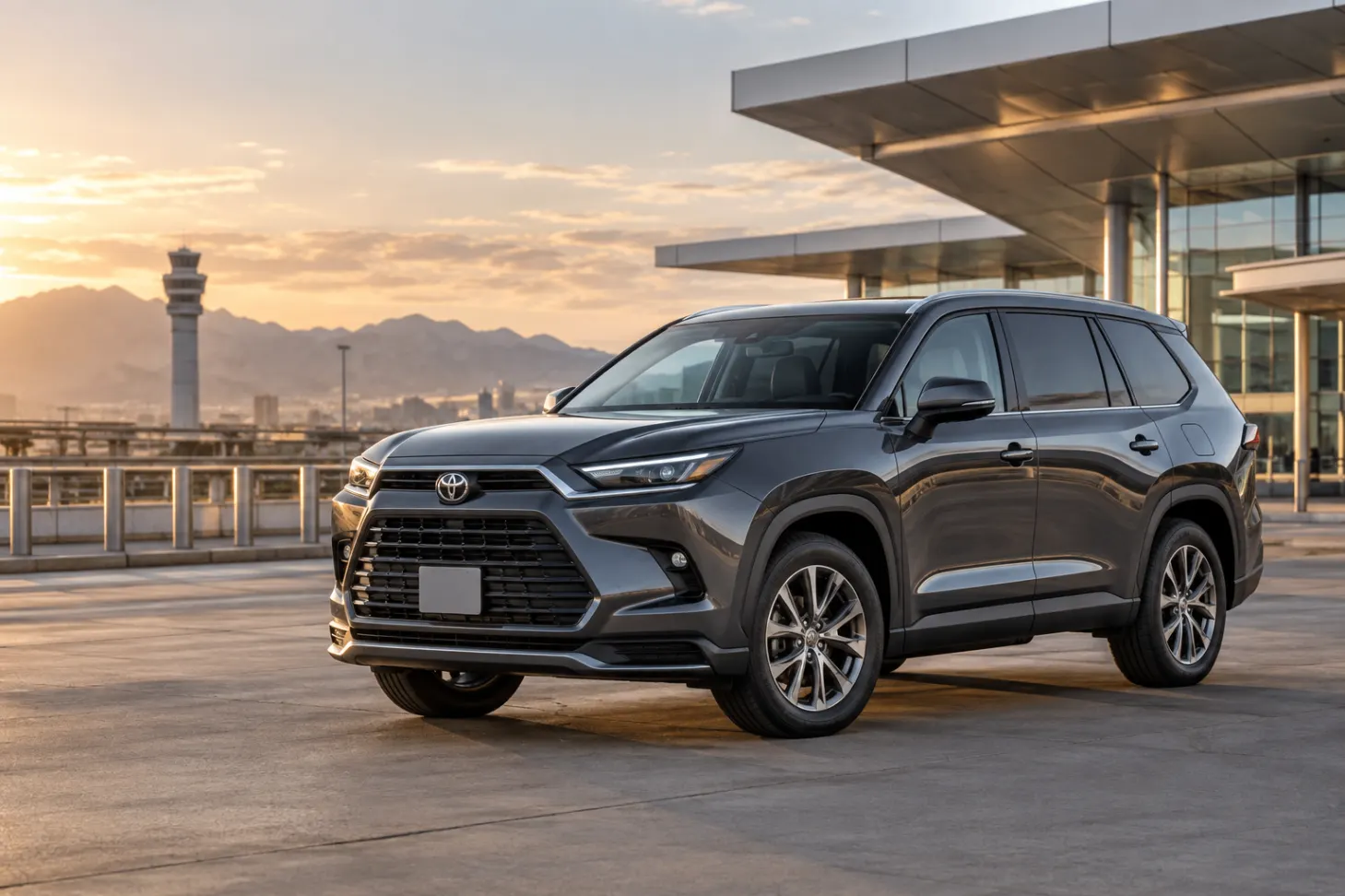 Dark gray 2026–2027 Toyota Grand Highlander Midsize SUV at an airport terminal at golden hour with the control tower and mountains behind