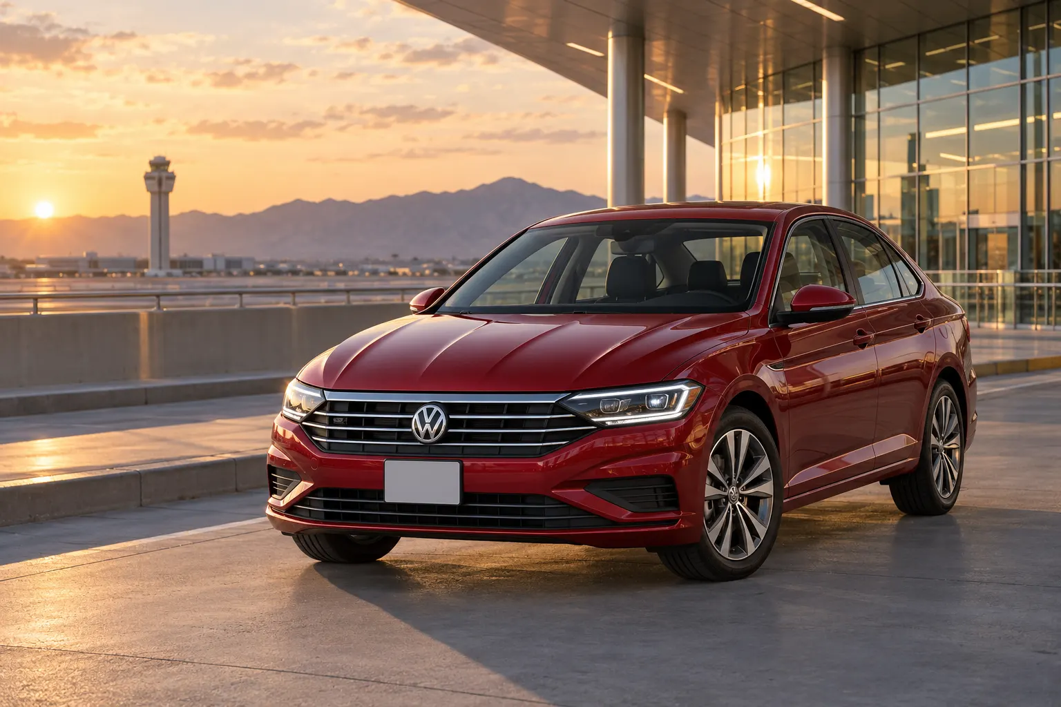 Red 2026–2027 Volkswagen Jetta Intermediate Sedan at an airport terminal at golden hour