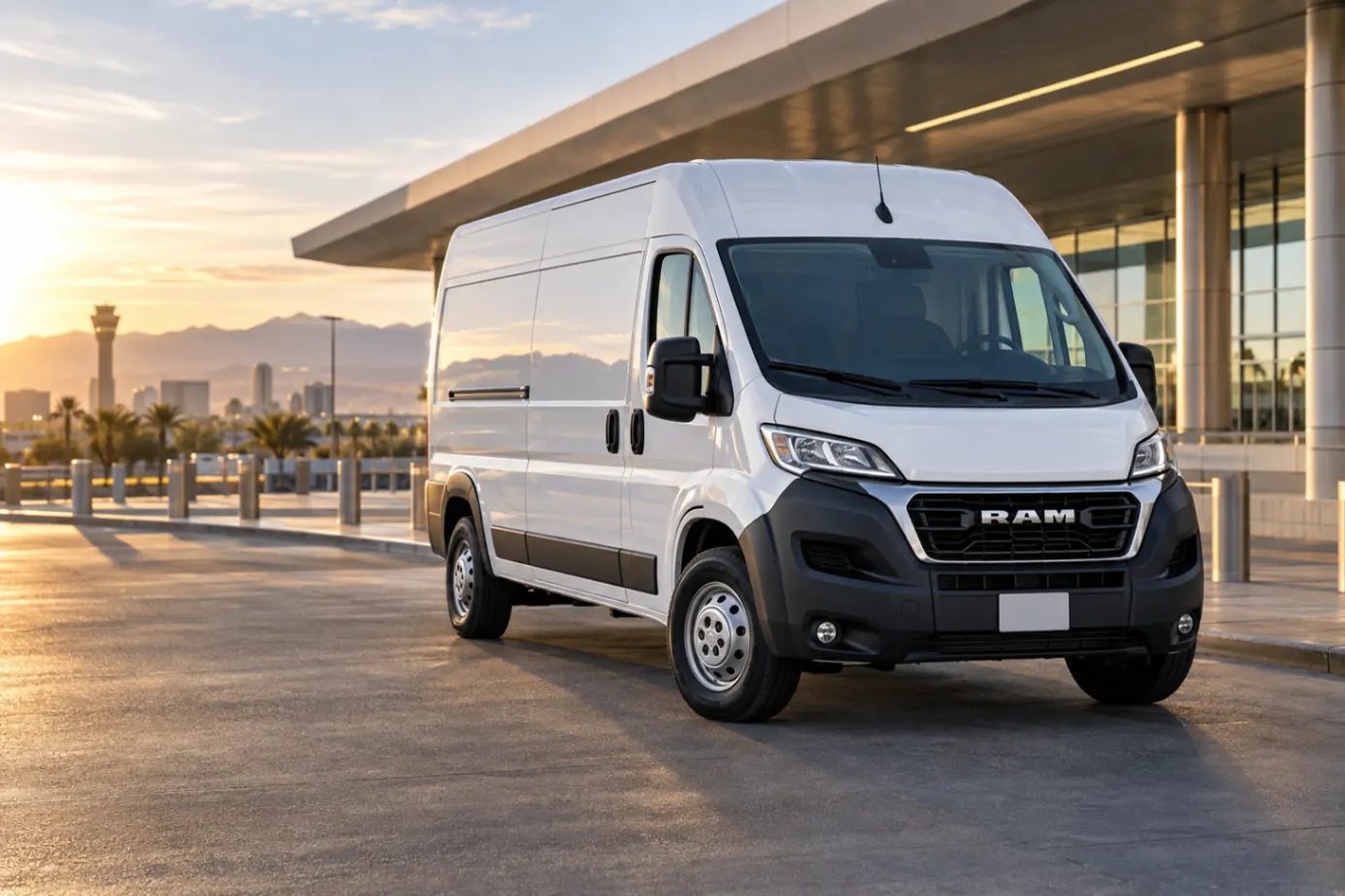 White 2026–2027 Ram ProMaster Cargo Van at an airport terminal at sunrise with the control tower and mountains behind
