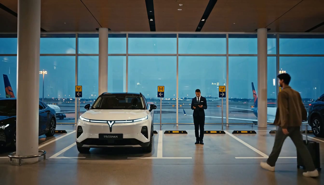 A traveler collecting a rental car inside a modern airport rental center
