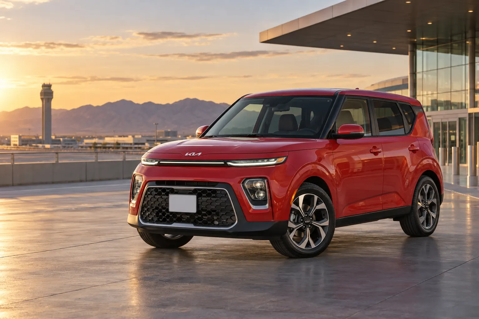 Red 2026–2027 Kia Soul Compact Car at an airport terminal at golden hour