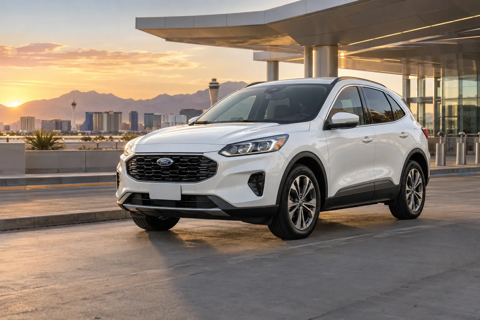 White 2026–2027 Ford Escape Mid Size SUV at an airport terminal at sunset