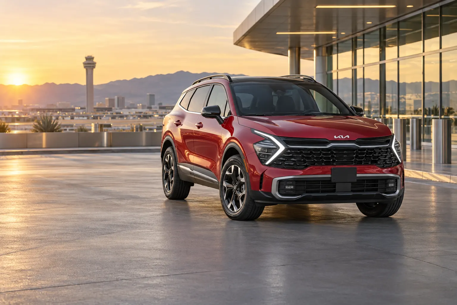 Red 2026–2027 Kia Sportage Compact SUV at an airport terminal at golden hour