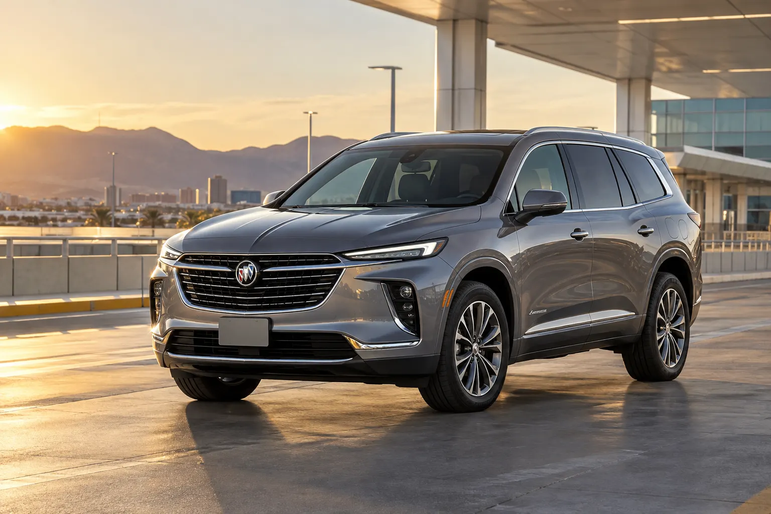 Gray 2026–2027 Buick Enclave Premium Crossover SUV at an airport rental pickup area at golden hour with mountains and the city skyline behind